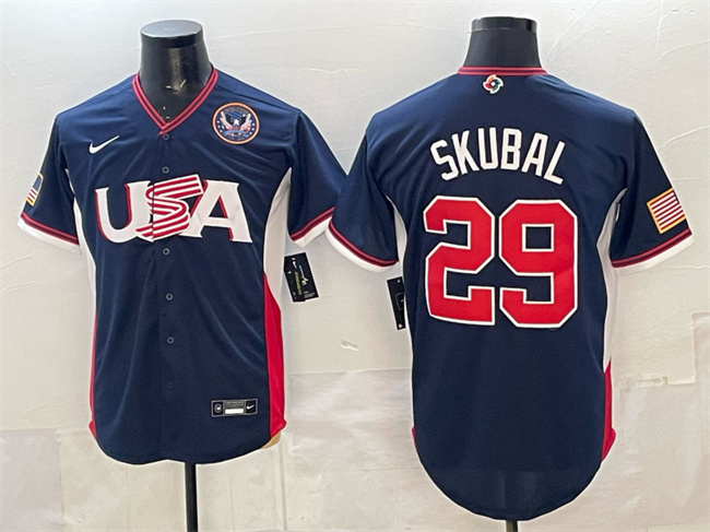 Men's USA Baseball #29 Tarik Skubal Navy 2026 World Baseball Classic United States 250th Anniversary Patch Road Stadium Stitched Jersey Men's USA Baseball #29 Tarik Skubal Navy 2026 World Baseball Classic United States 250th Anniversary Patch Road Stadium Stitched Jersey